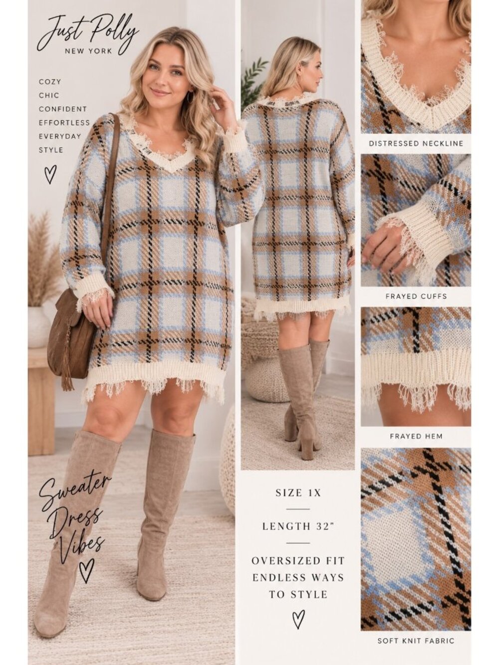 Just Polly New York Women's XL Plaid Boho Acrylic Knit Fringe Sweater Dress
